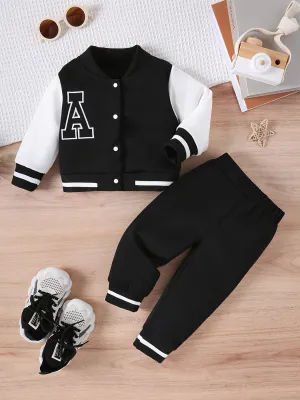 Special stitching embroidered letters baseball jacket   casual trousers baby two-piece set