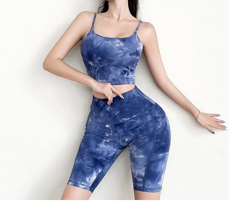 Sport Yoga Set  2 Piece  Crop Top 5-Point Pants Outfit  Tie Dyed Gym Fitness Wear