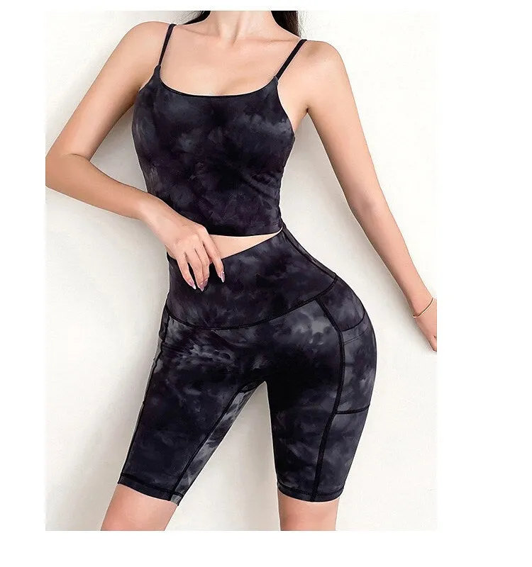 Sport Yoga Set  2 Piece  Crop Top 5-Point Pants Outfit  Tie Dyed Gym Fitness Wear
