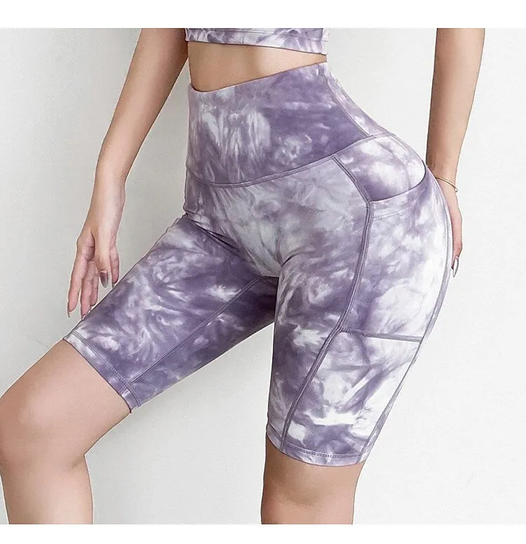 Sport Yoga Set  2 Piece  Crop Top 5-Point Pants Outfit  Tie Dyed Gym Fitness Wear