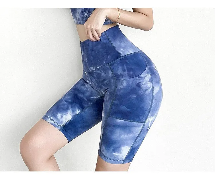 Sport Yoga Set  2 Piece  Crop Top 5-Point Pants Outfit  Tie Dyed Gym Fitness Wear