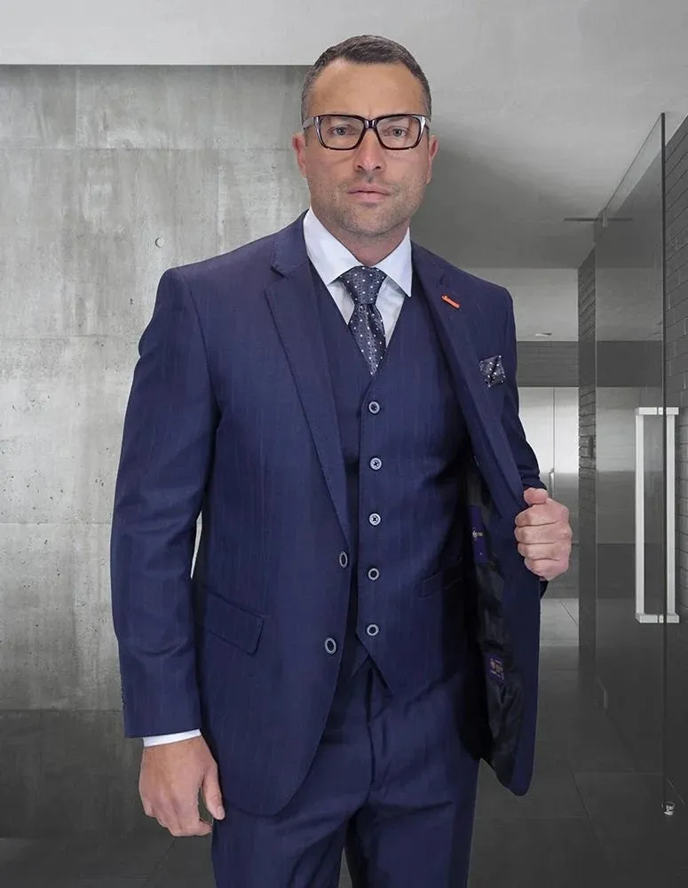 Statement Men's 3-Piece Fashion Suit – 100% Wool with Herringbone Stripe Pattern