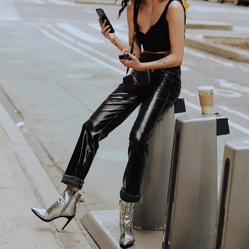 Straight Faux Leather Pants Women Streetwear Chic Cool Pants