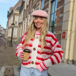 Streep vest gouden knoop roze rood