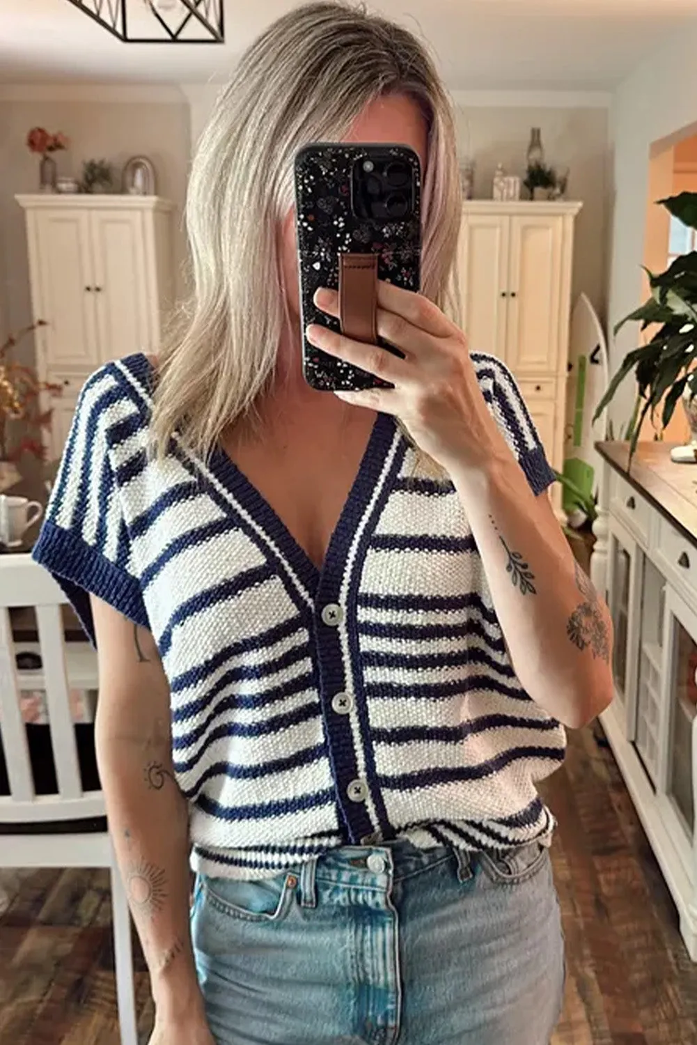Stripe Loose Buttoned V Neck Knit Vest