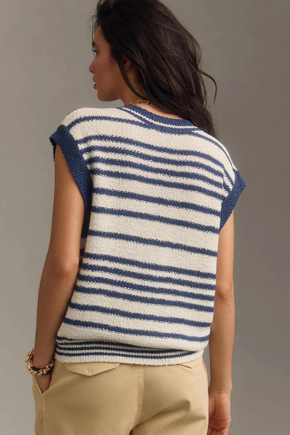 Stripe Loose Buttoned V Neck Knit Vest