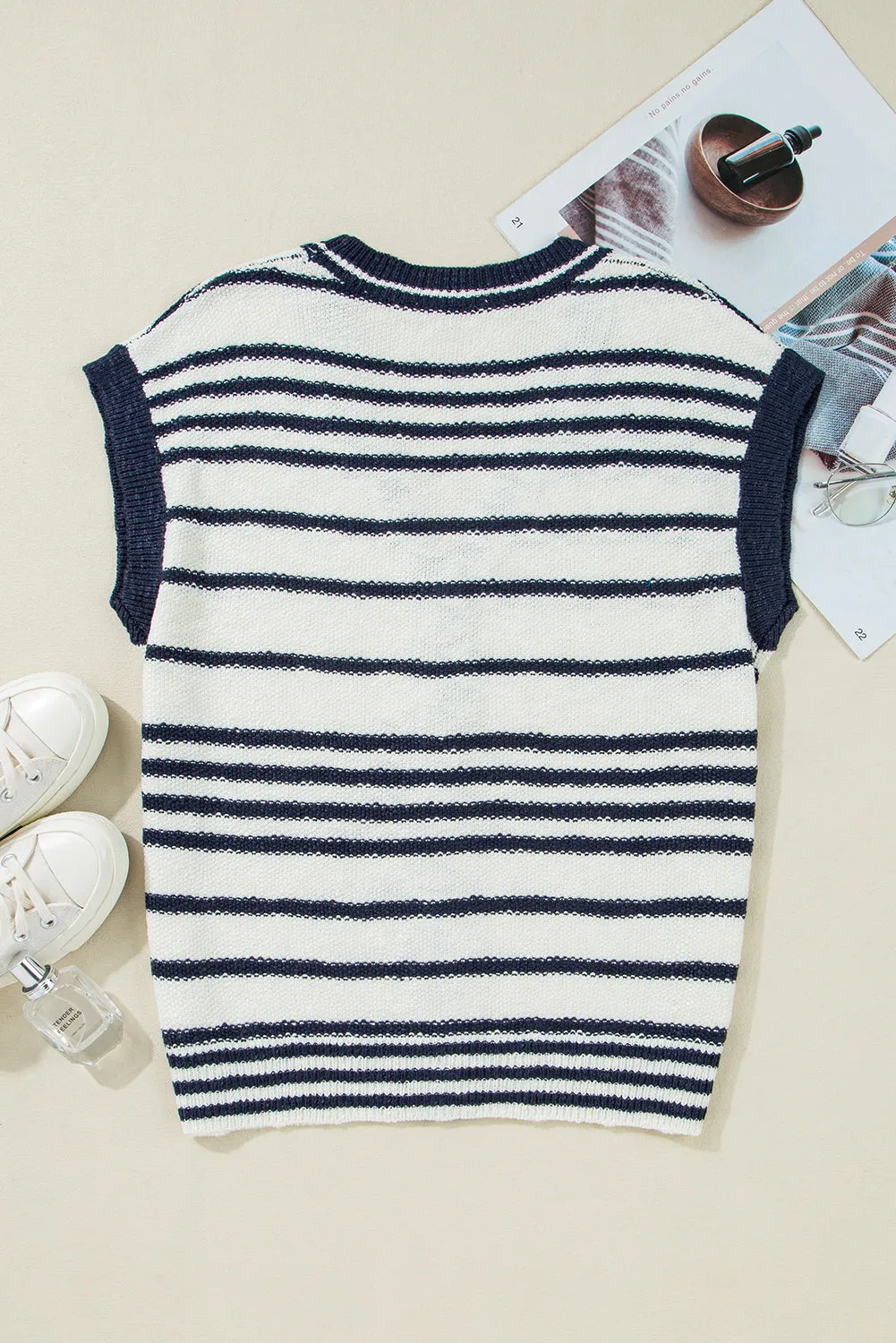 Stripe Loose Buttoned V Neck Knit Vest