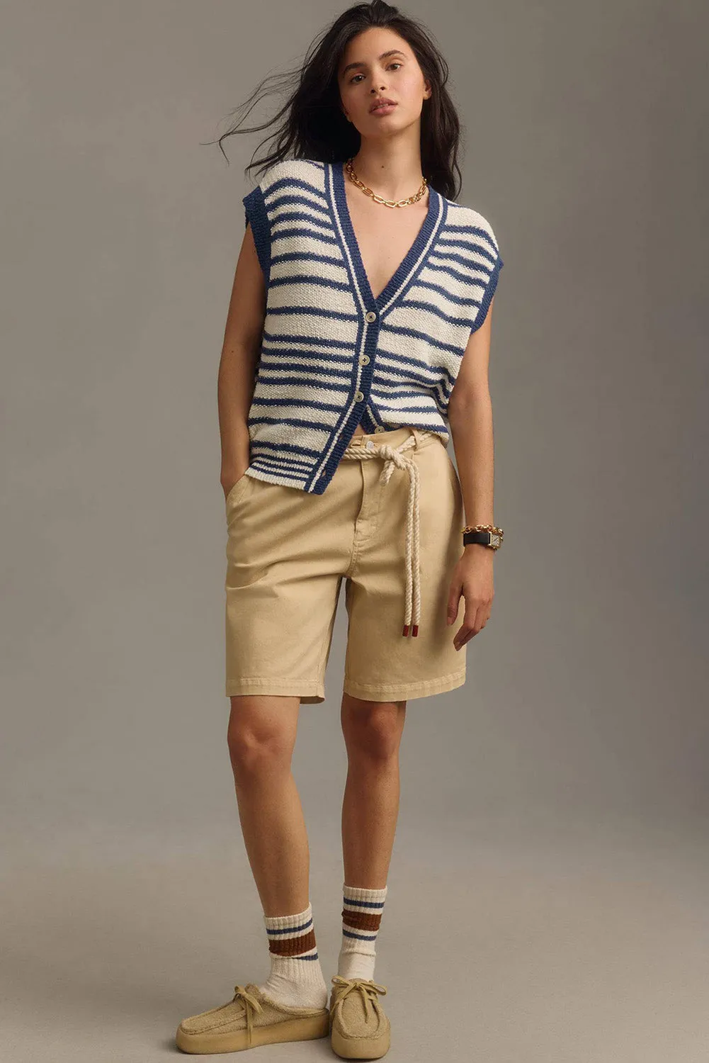 Stripe Loose Buttoned V Neck Knit Vest