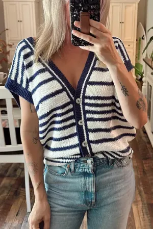 Stripe Loose Buttoned V Neck Knit Vest