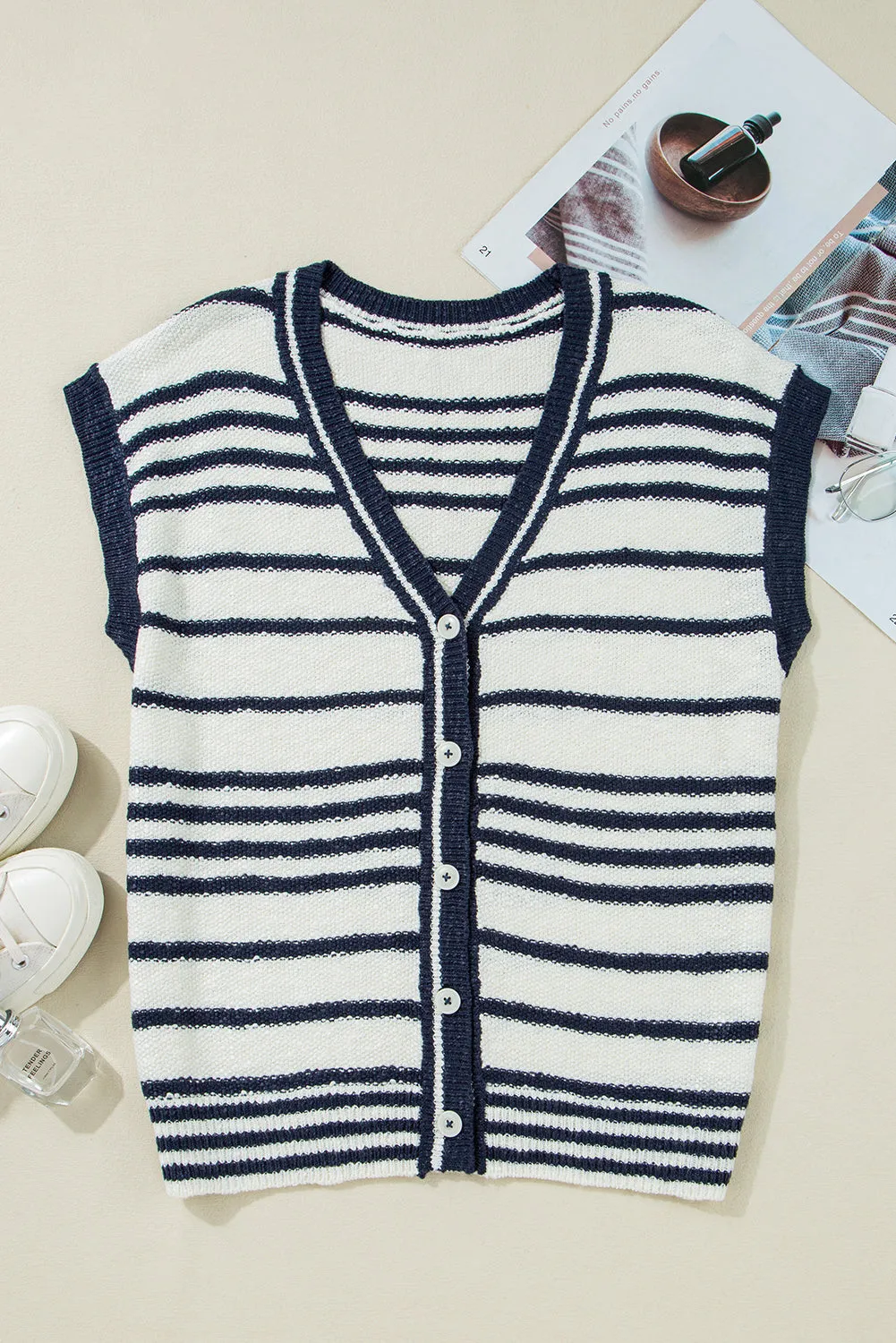 Stripe Loose Buttoned V Neck Knit Vest