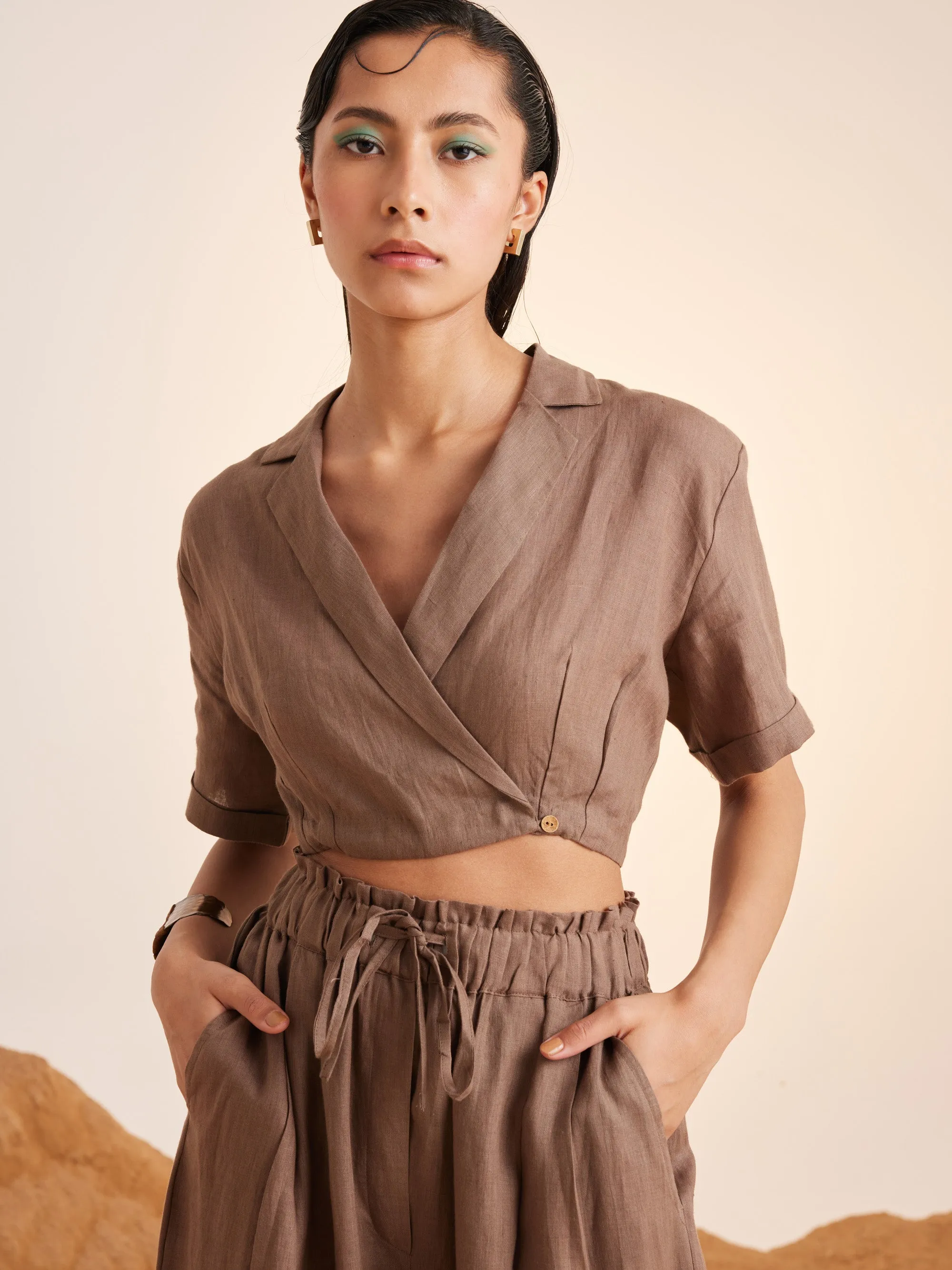 Summer Co-Ord Set Top Cropped Overlap-Ash-Linen-Ss25-Ocs-Ash-Cord