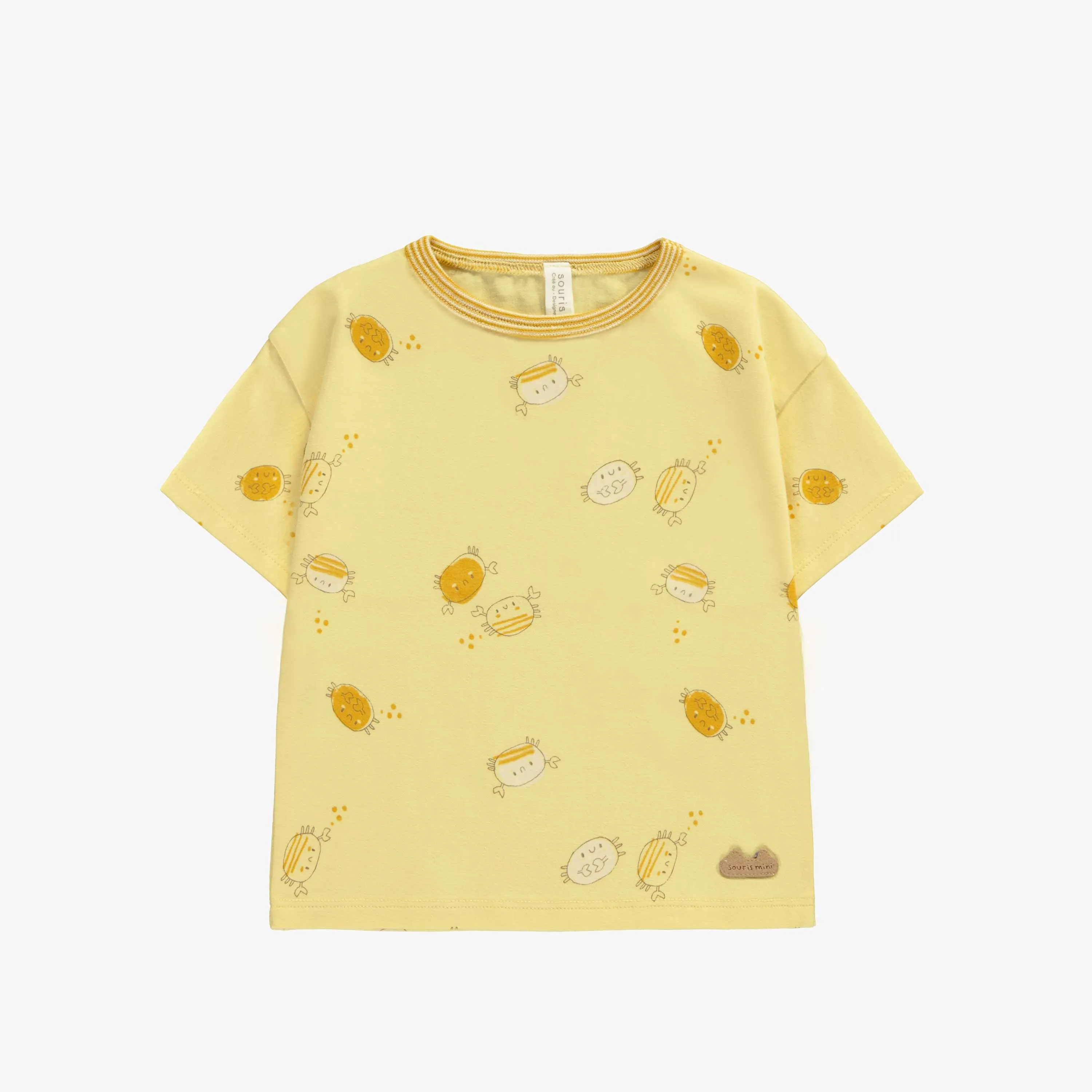 T-shirt à manches courtes jaune pâle avec motif de crabe en jersey biologique, naissance || Light yellow short sleeves t-shirt with crab print in organic jersey, newborn