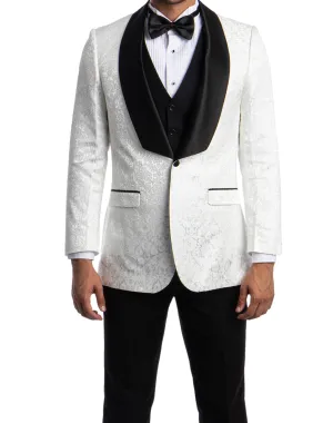 Tazzio Paisley Pattern Classic Fit Vested Tuxedo - White with Black