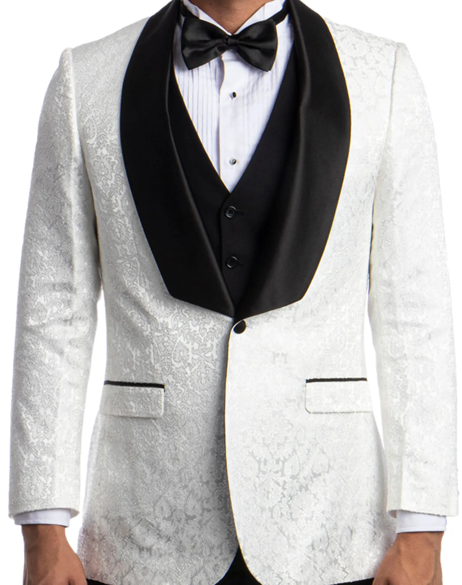 Tazzio Paisley Pattern Classic Fit Vested Tuxedo - White with Black