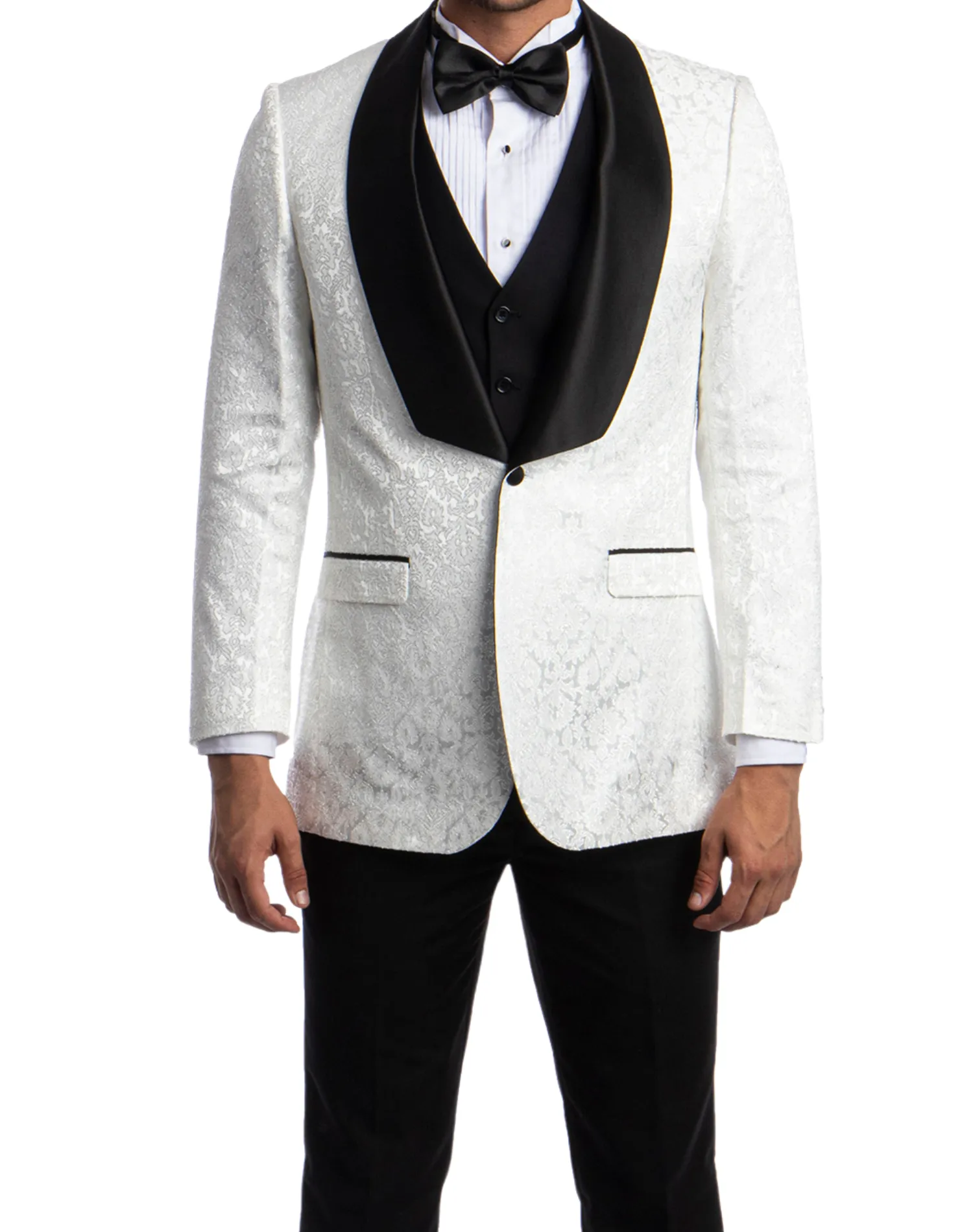 Tazzio Paisley Pattern Classic Fit Vested Tuxedo - White with Black