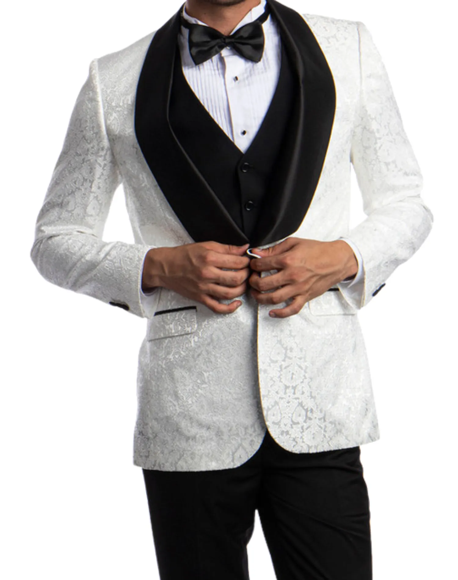 Tazzio Paisley Pattern Classic Fit Vested Tuxedo - White with Black