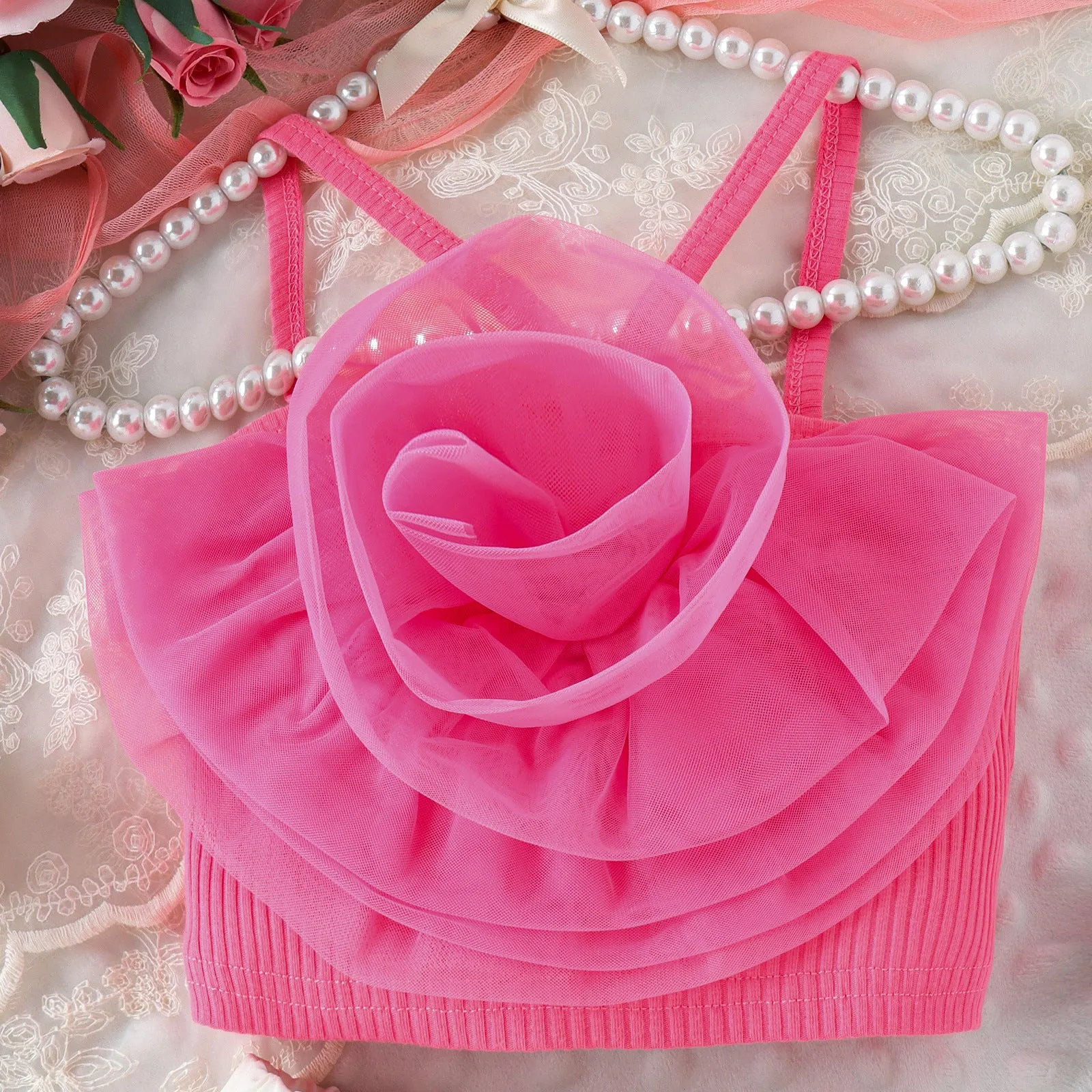 Three-dimensional mesh flower camisole vest solid color shorts girls' trendy suit - FD