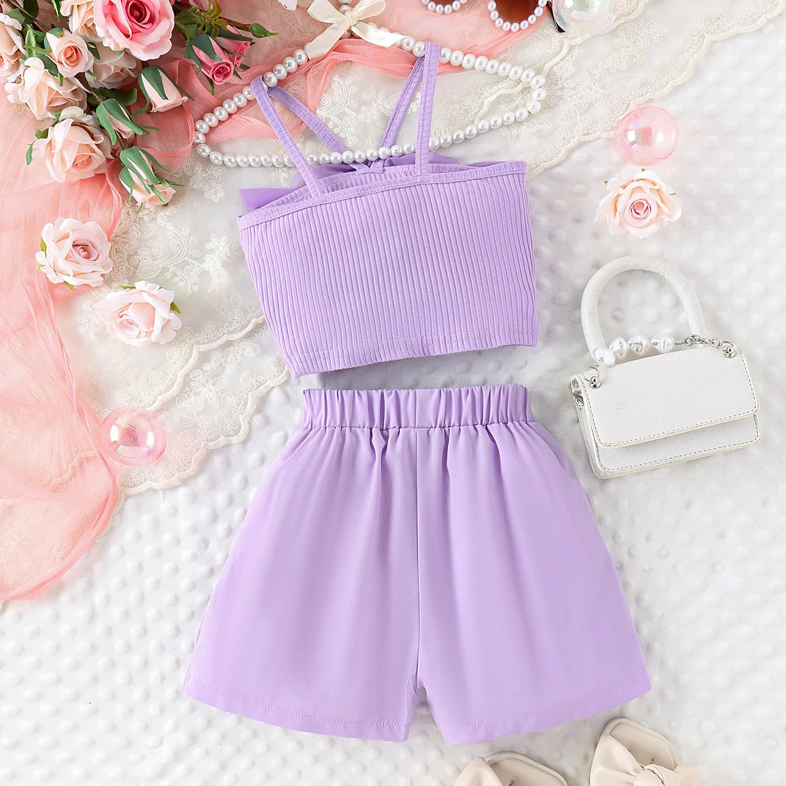 Three-dimensional mesh flower camisole vest solid color shorts girls' trendy suit - FD