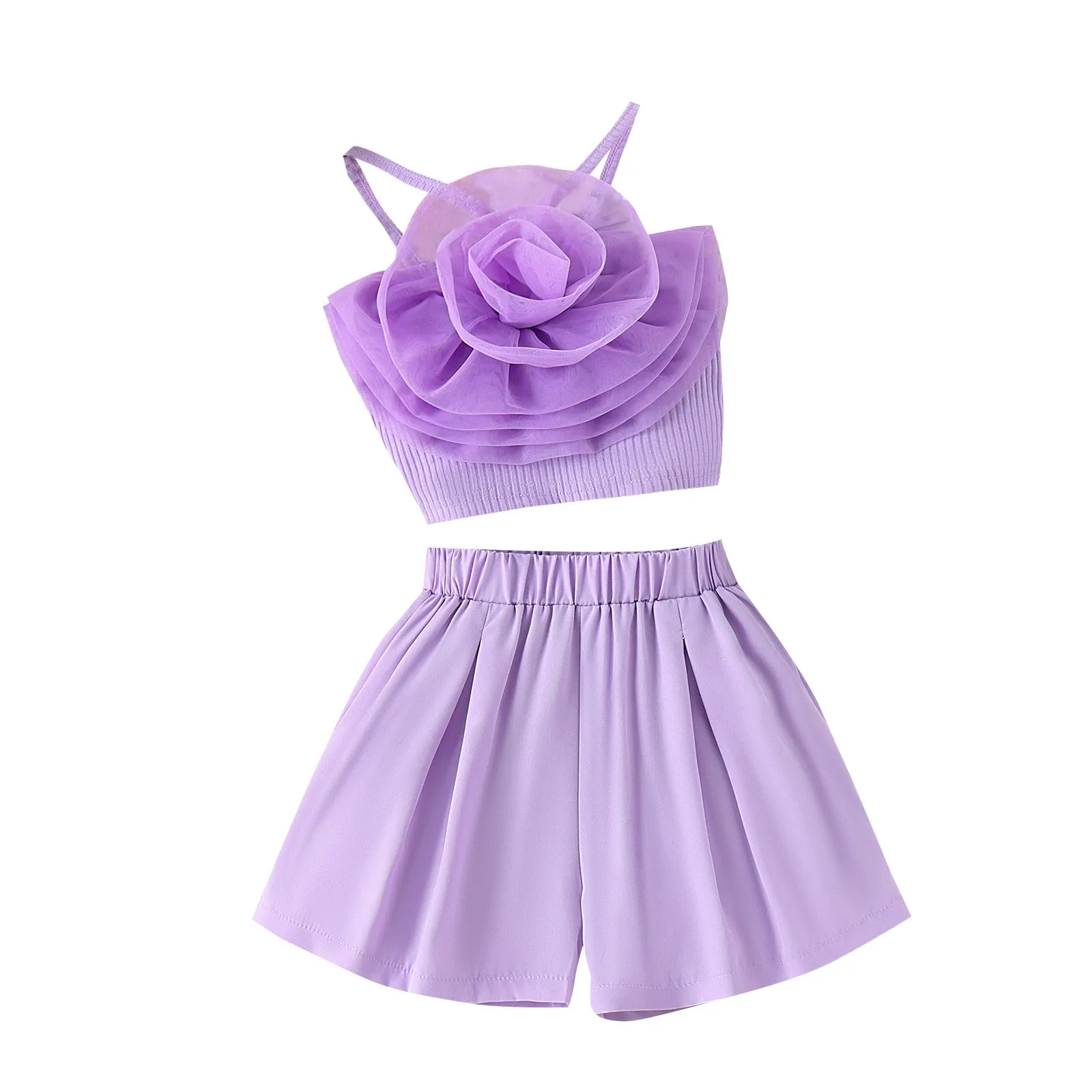 Three-dimensional mesh flower camisole vest solid color shorts girls' trendy suit - FD