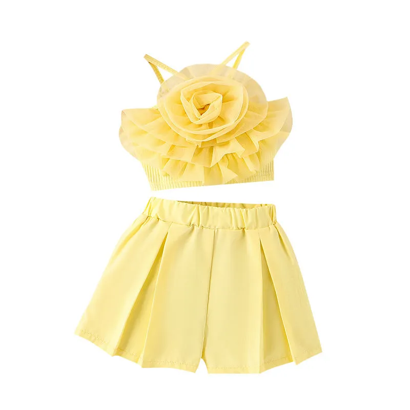 Three-dimensional mesh flower camisole vest solid color shorts girls' trendy suit