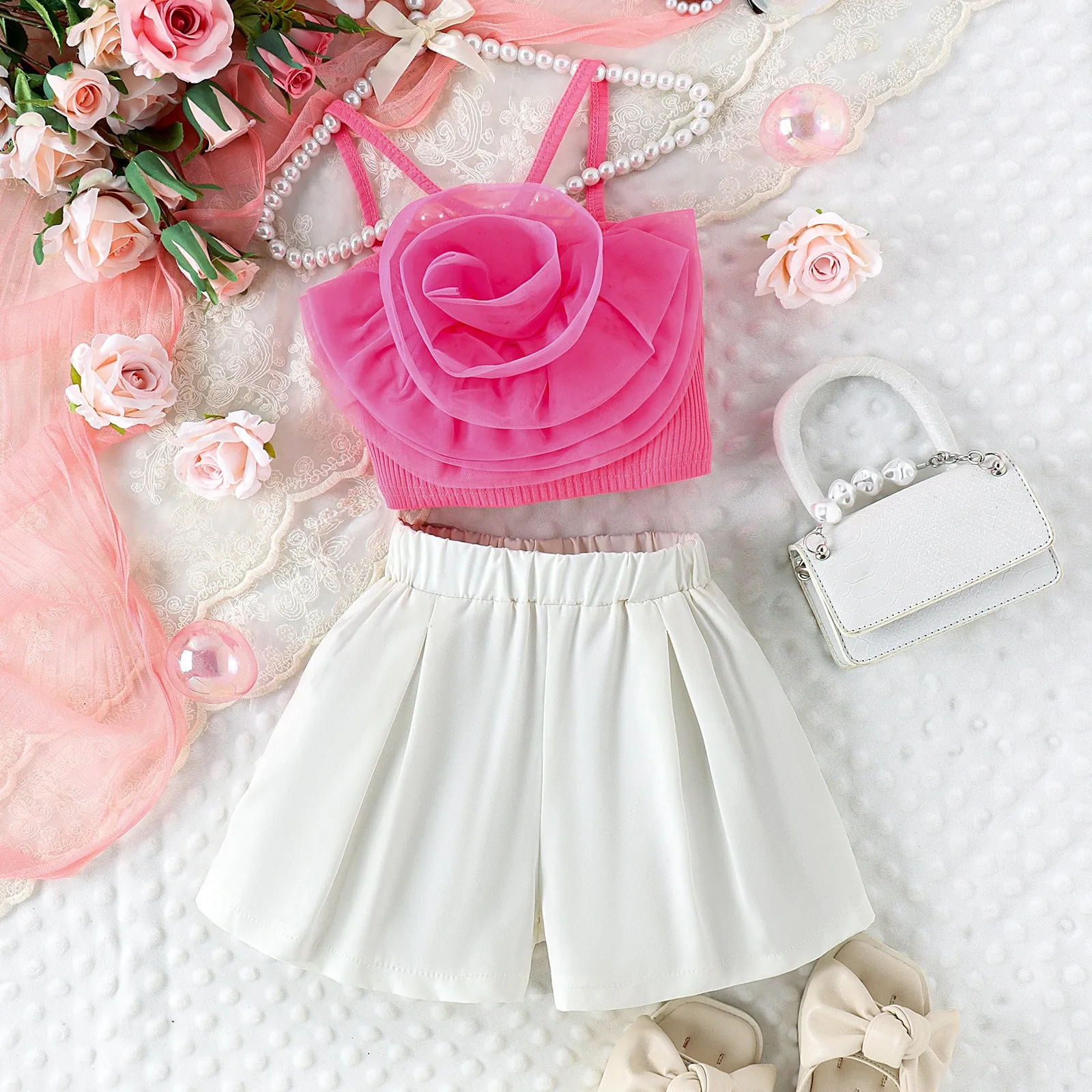Three-dimensional mesh flower camisole vest solid color shorts girls' trendy suit