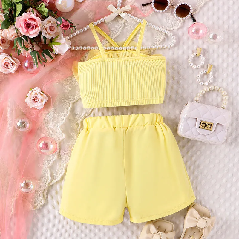 Three-dimensional mesh flower camisole vest solid color shorts girls' trendy suit