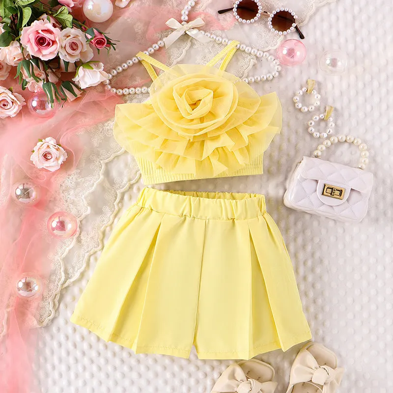 Three-dimensional mesh flower camisole vest solid color shorts girls' trendy suit