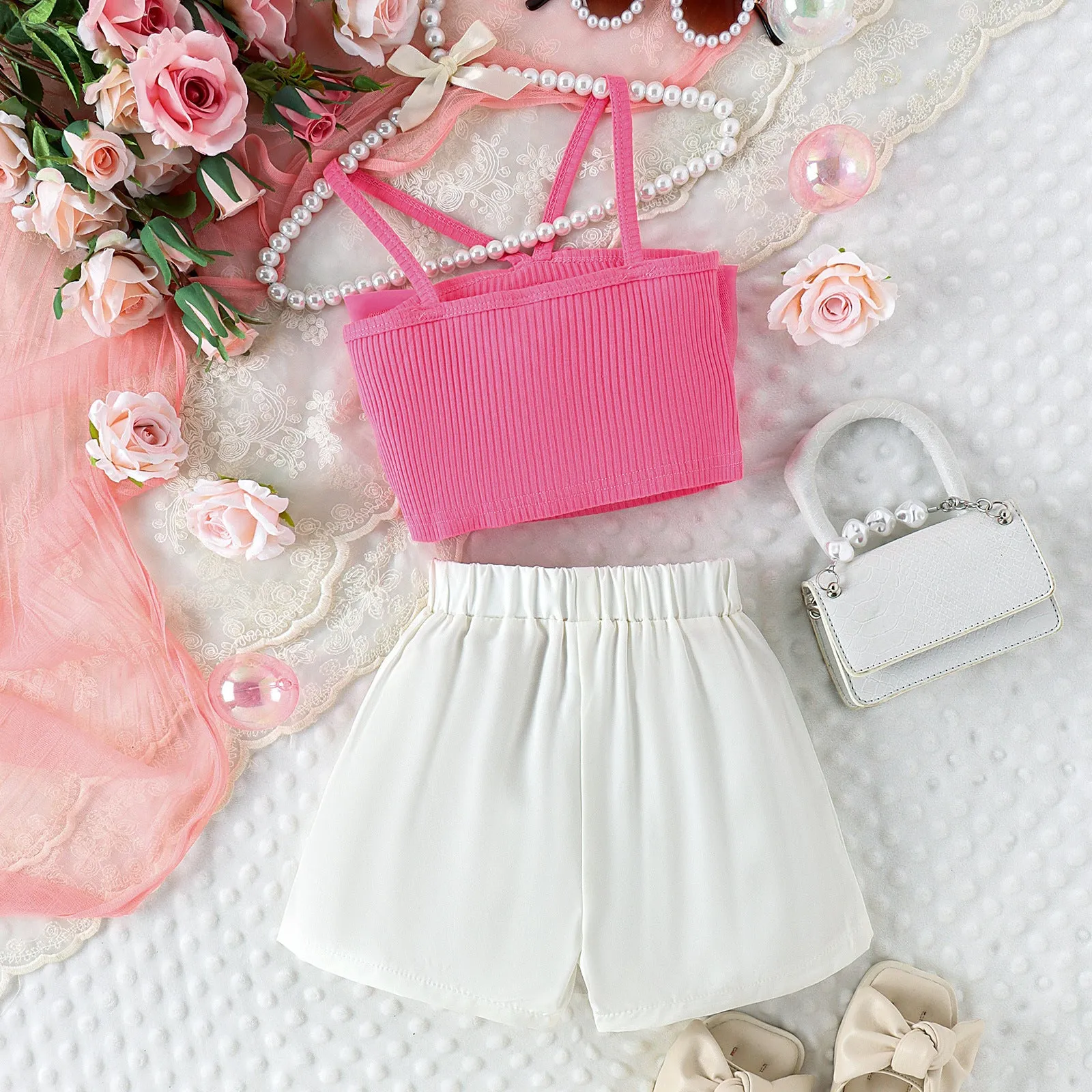 Three-dimensional mesh flower camisole vest solid color shorts girls' trendy suit