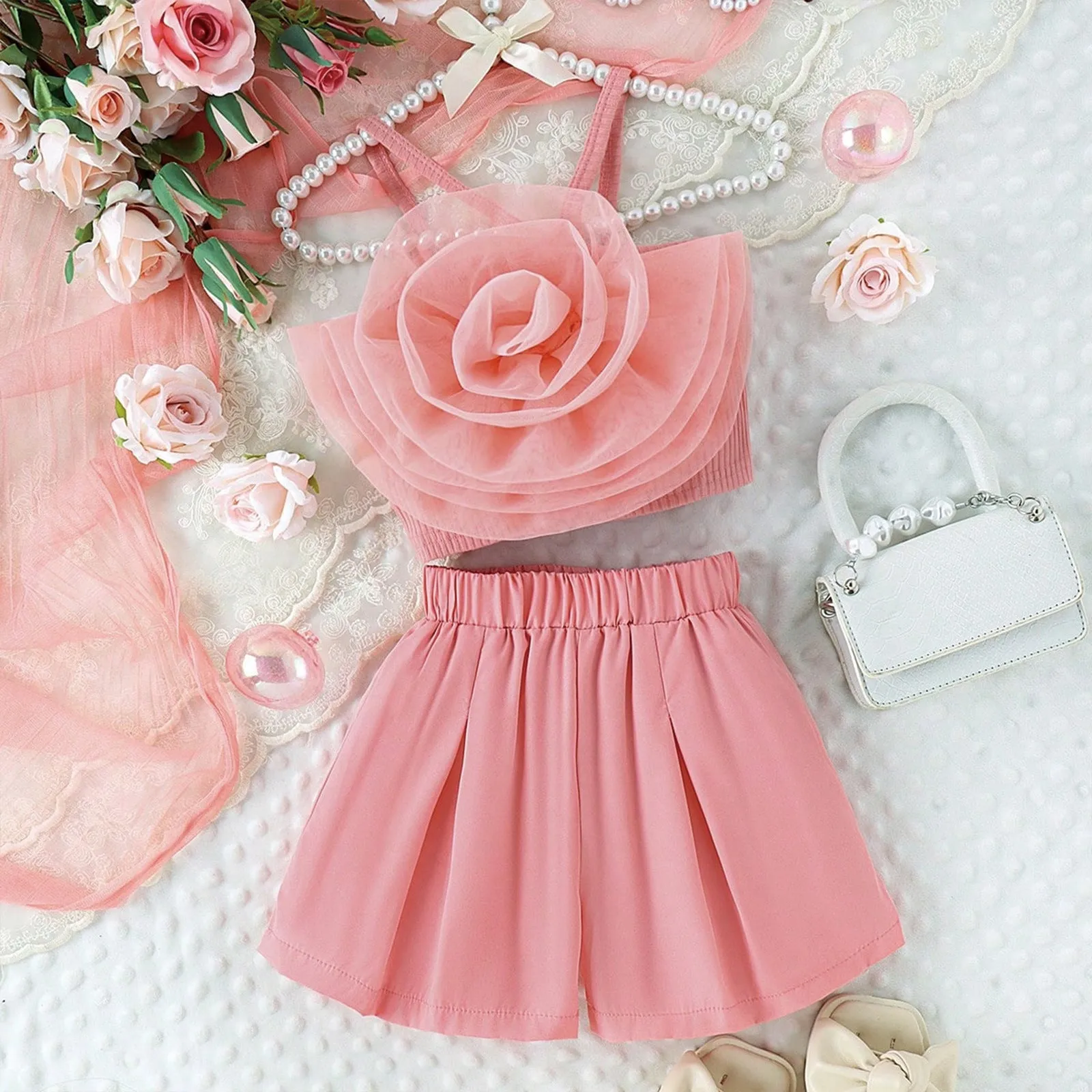 Three-dimensional mesh flower camisole vest solid color shorts girls' trendy suit