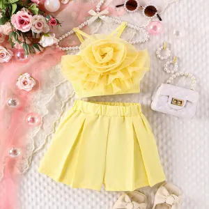 Three-dimensional mesh flower camisole vest solid color shorts girls' trendy suit