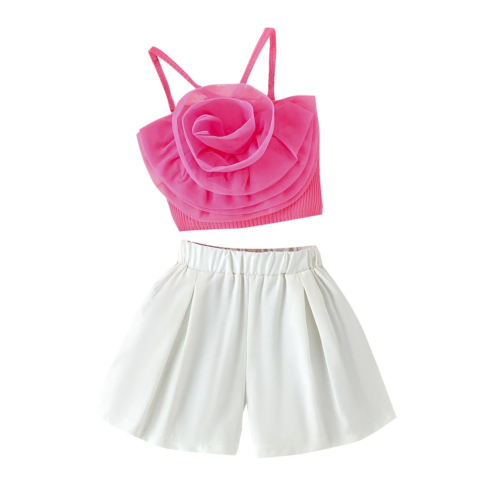 Three-dimensional mesh flower camisole vest solid color shorts girls' trendy suit