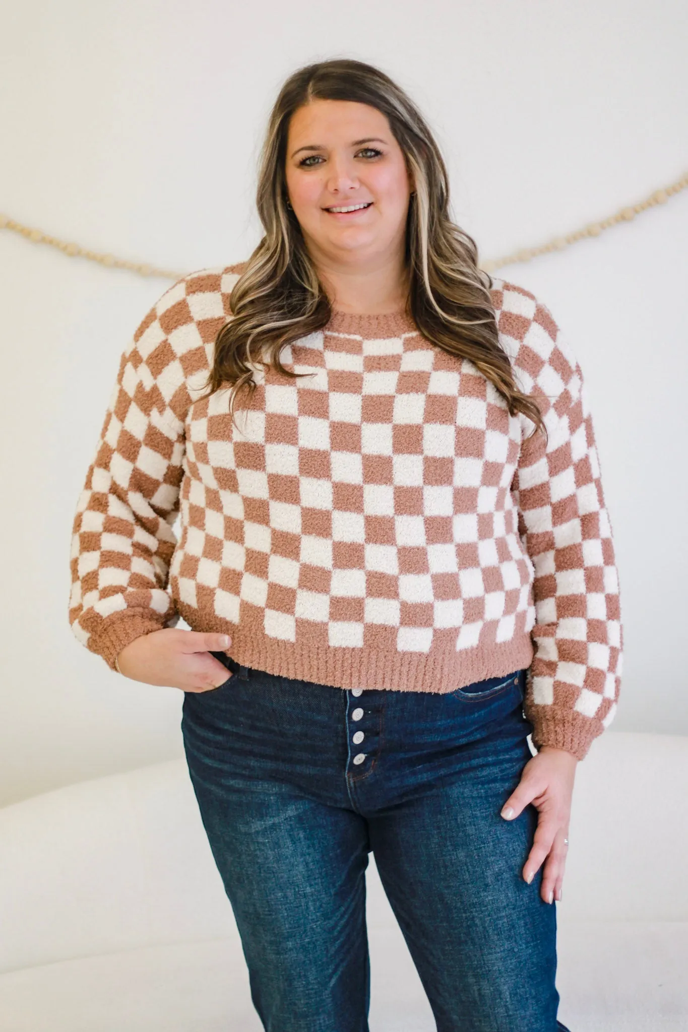 Trendy Girl Mocha Check Print Sweater