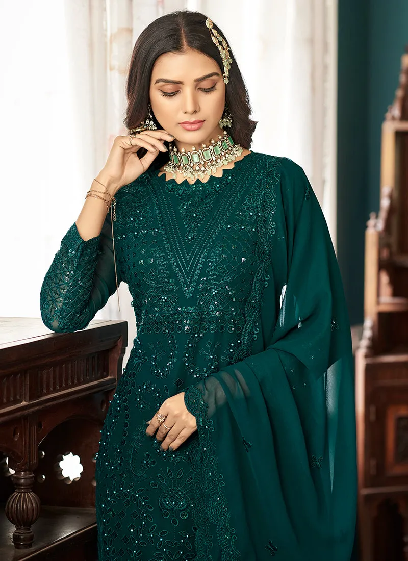Turquoise Sequence Embroidery Pakistani Pant Style Suit