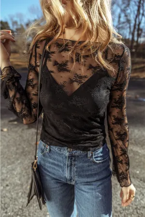 Twilight Wish Black Floral Mesh Top