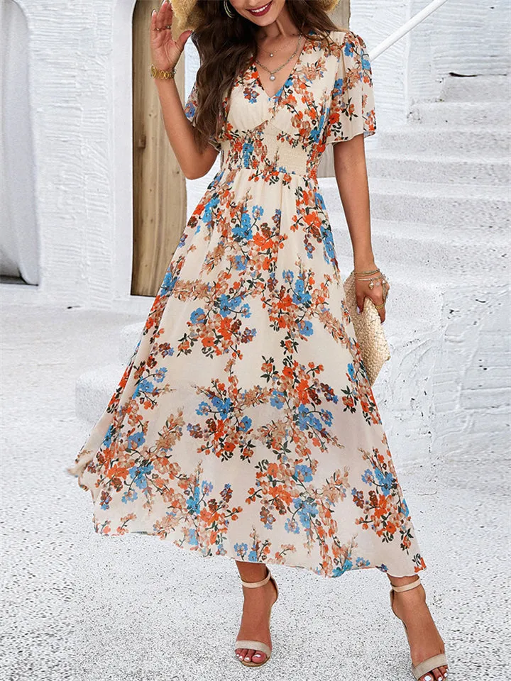 V-Neck Floral Print Holiday Maxi Dresses for Ladies