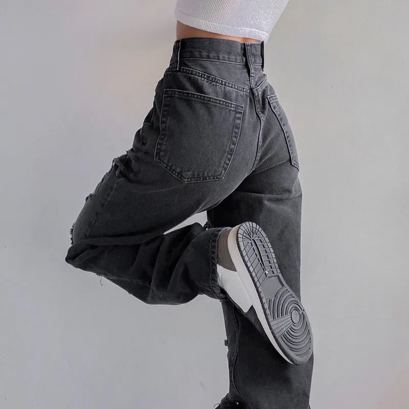 Vintage Ripped Hole Jeans Women Baggy Cut Out Straight Jeans