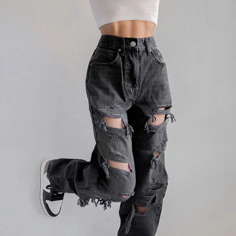 Vintage Ripped Hole Jeans Women Baggy Cut Out Straight Jeans
