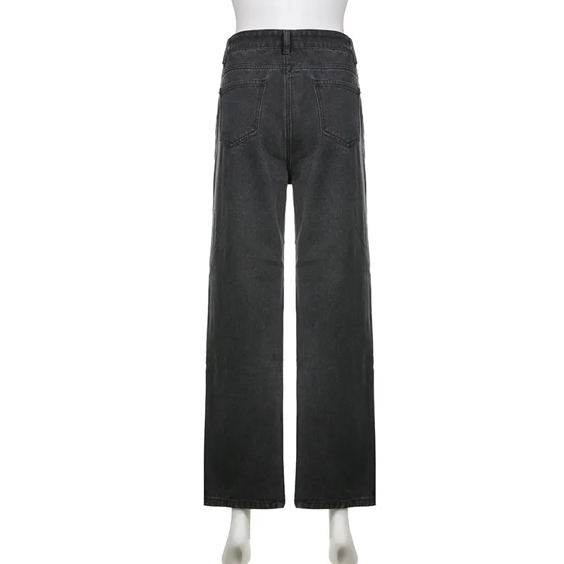 Vintage Ripped Hole Jeans Women Baggy Cut Out Straight Jeans