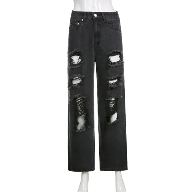 Vintage Ripped Hole Jeans Women Baggy Cut Out Straight Jeans
