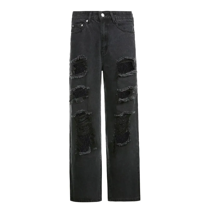 Vintage Ripped Hole Jeans Women Baggy Cut Out Straight Jeans