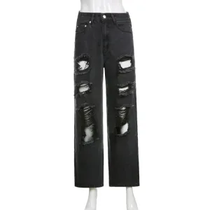Vintage Ripped Hole Jeans Women Baggy Cut Out Straight Jeans