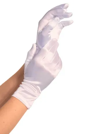 White wrist length satin gloves