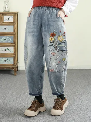 Women Casual Flower Embroidery Denim Harem Pants