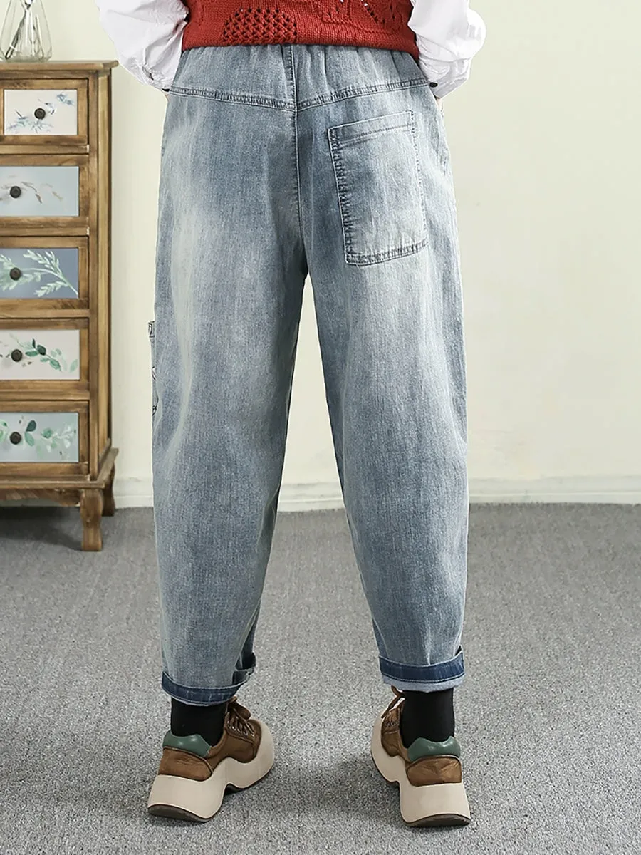 Women Casual Flower Embroidery Denim Harem Pants