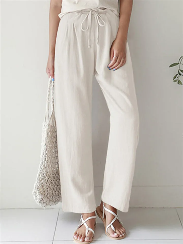 Women's Casual Solid Color Straight Leg Elastic Waist Wide Leg Pants