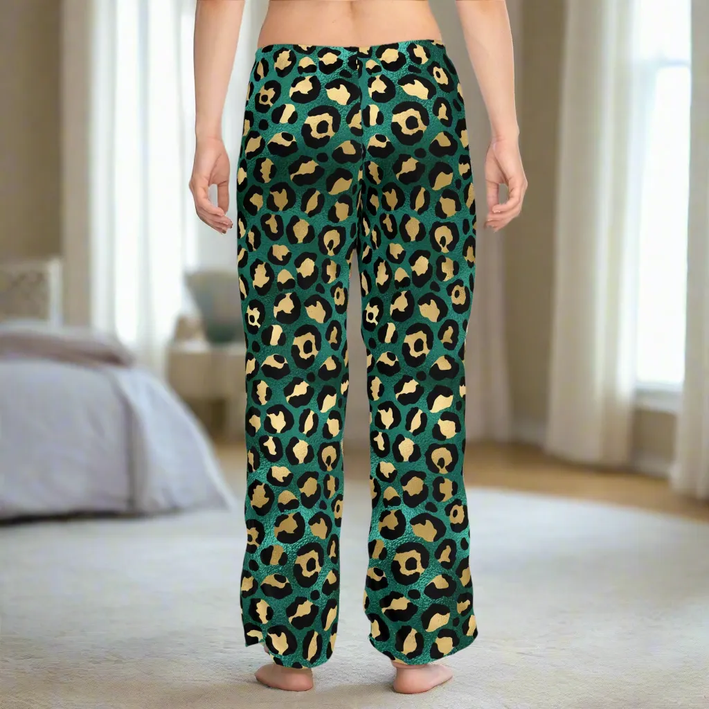 Women's Fearless & Beautiful Teal and Gold Leopard Print Pajama Pants
