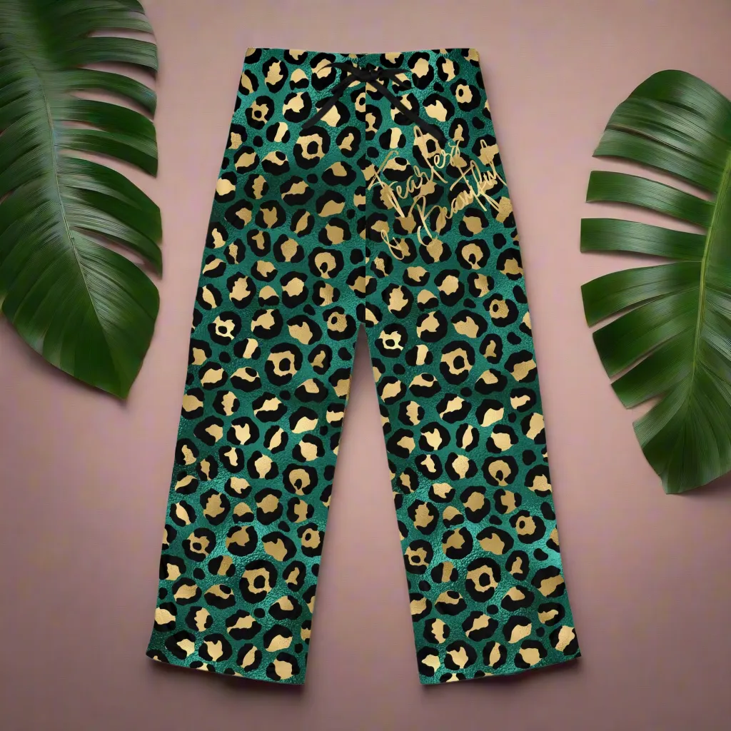 Women's Fearless & Beautiful Teal and Gold Leopard Print Pajama Pants