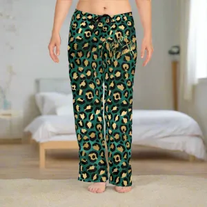 Women's Fearless & Beautiful Teal and Gold Leopard Print Pajama Pants