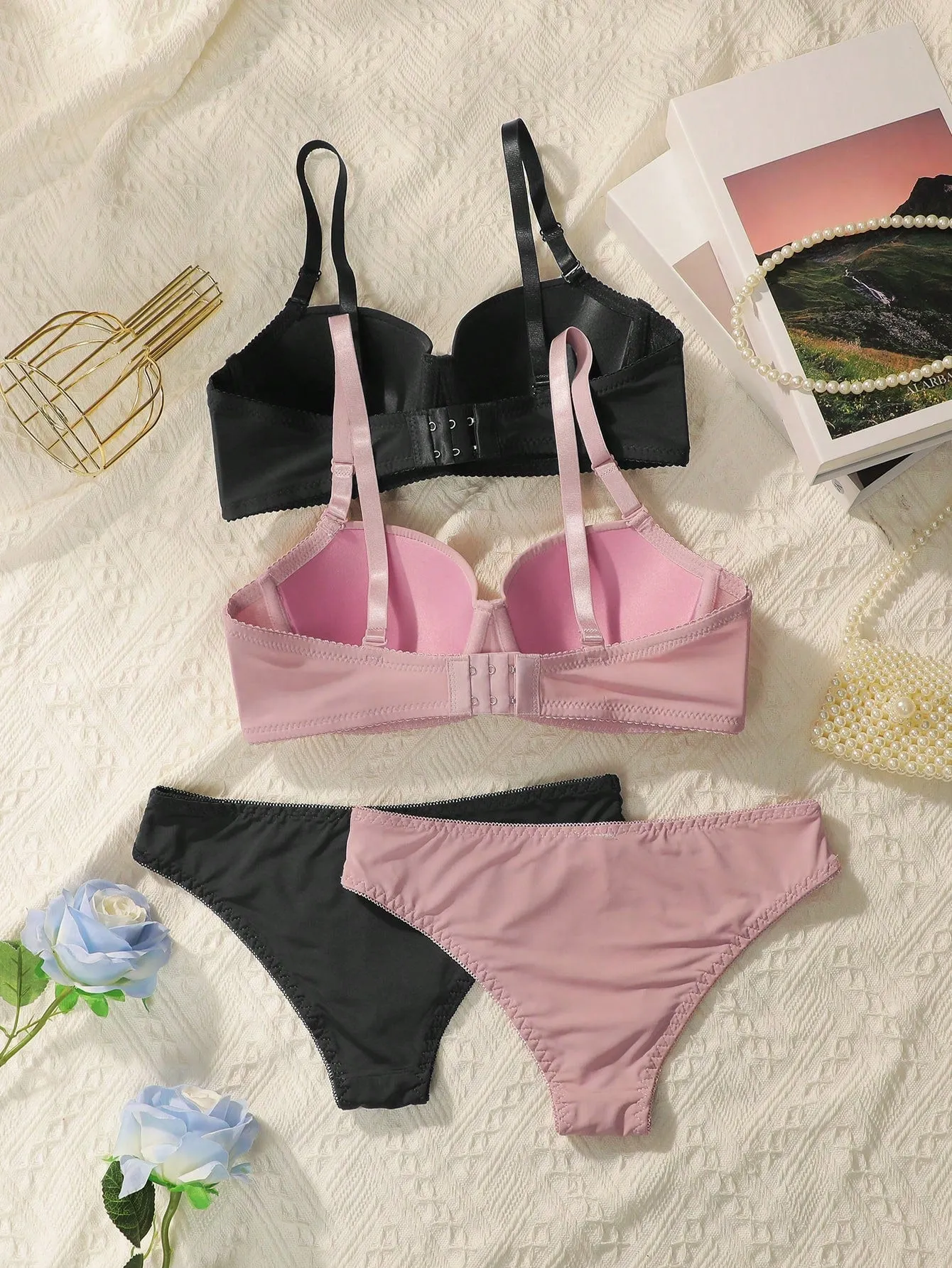 Women's Solid Color Bra With Underwire And Triangle Underwear, 4 Sets In 2 Packs