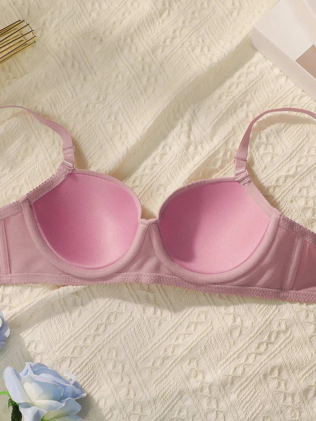 Women's Solid Color Bra With Underwire And Triangle Underwear, 4 Sets In 2 Packs